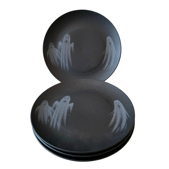 Halloween Ghost Dinner Plates 10.5in Matte Black Set of 4 Made in Brazil New - Picture 2 of 14